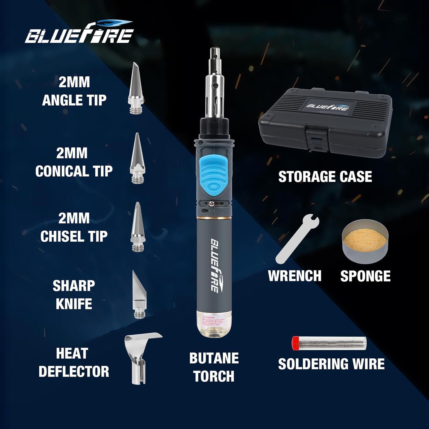 BLUEFIRE MRT-1117K Cordless Butane Soldering Iron Kit Portable Multi-Purpose Mini Torch for Electronics, Jewelry, Welding & Brazing|Self-Igniting,Flame Control,Light Weight,Rapid Heat Up,Rechargeable