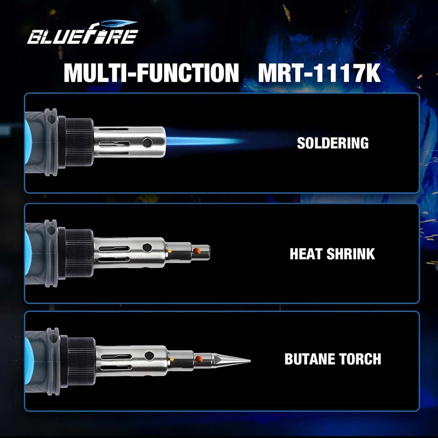 BLUEFIRE MRT-1117K Cordless Butane Soldering Iron Kit Portable Multi-Purpose Mini Torch for Electronics, Jewelry, Welding & Brazing|Self-Igniting,Flame Control,Light Weight,Rapid Heat Up,Rechargeable