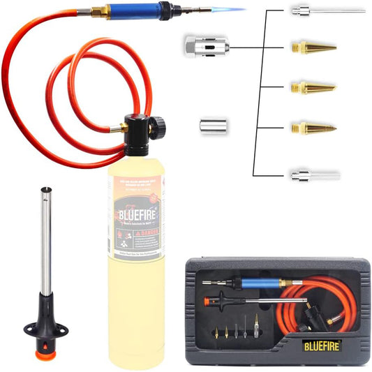 BLUEFIRE 3' Hose MAPP Gas Soldering Mini Pen Torch Full Kit Multi-Function with Free Flint Lighter Hotter than Butane Pen Portable Welding Station Adjustable Flame Fuel by MAP Pro Propane Cylinder