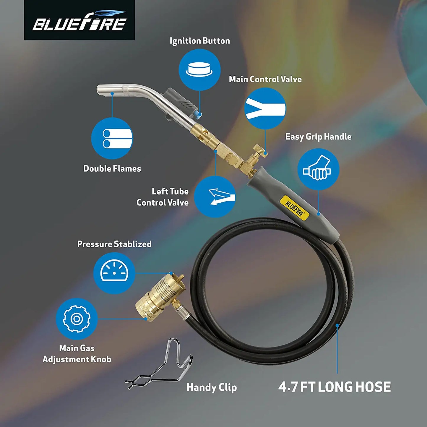 HZ-8150 Double Heads Swirl Flame Self-Ignition Hosed Turbo Torch 5' long Hose Trigger Start MAPP MAP Propane Welding Blowtorch