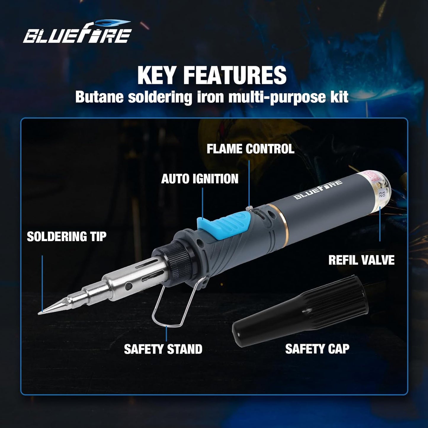 BLUEFIRE MRT-1117K Cordless Butane Soldering Iron Kit Portable Multi-Purpose Mini Torch for Electronics, Jewelry, Welding & Brazing|Self-Igniting,Flame Control,Light Weight,Rapid Heat Up,Rechargeable