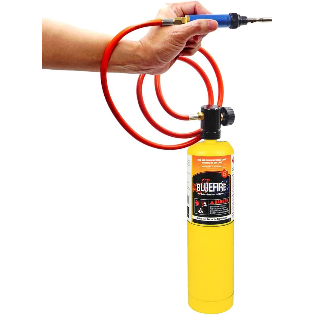 BLUEFIRE 3' Hose MAPP Gas Soldering Mini Pen Torch Full Kit Multi-Function with Free Flint Lighter Hotter than Butane Pen Portable Welding Station Adjustable Flame Fuel by MAP Pro Propane Cylinder