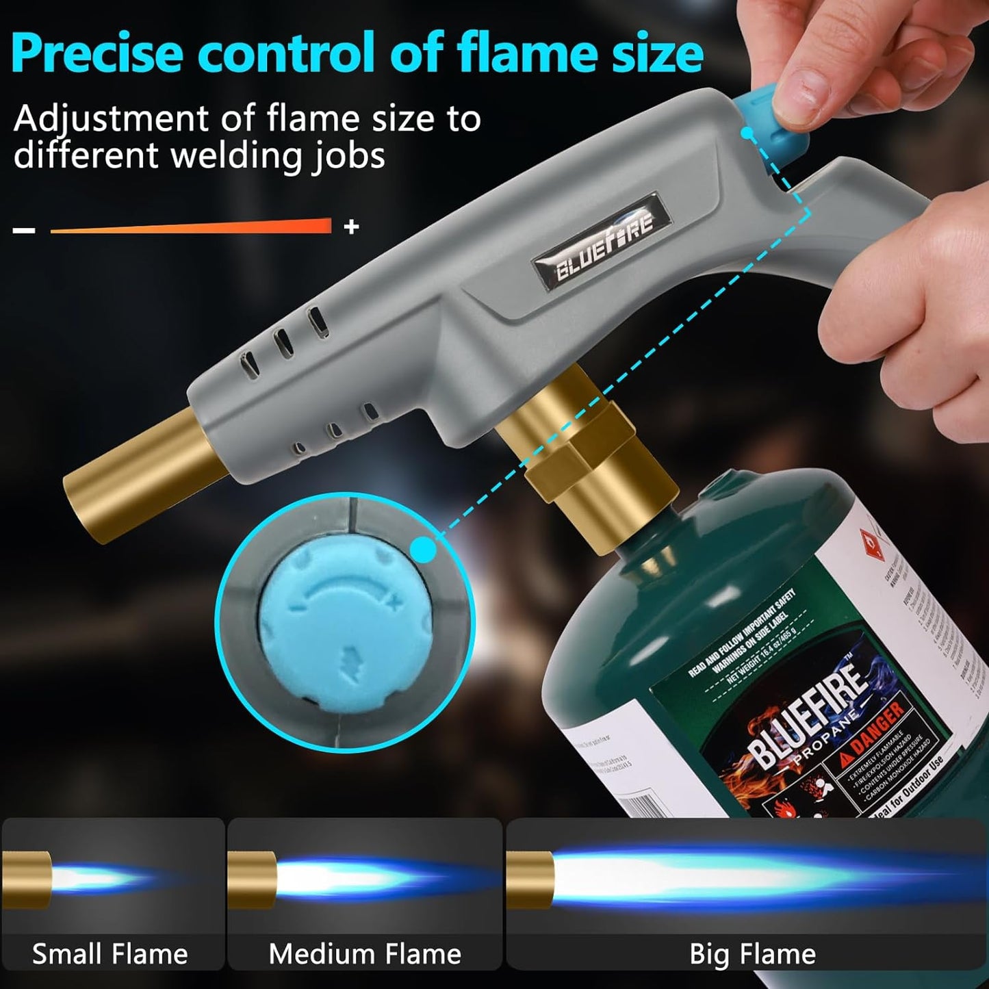 BLUEFIRE Powerful Propane Torch Head, Trigger Start Mapp Gas Turbo Torch Map Gas Torch Kit with Adjust Flame, Grill Gun Torch for Soldering Cooking Welding brazing Fuel by MAPP, MAP/PRO