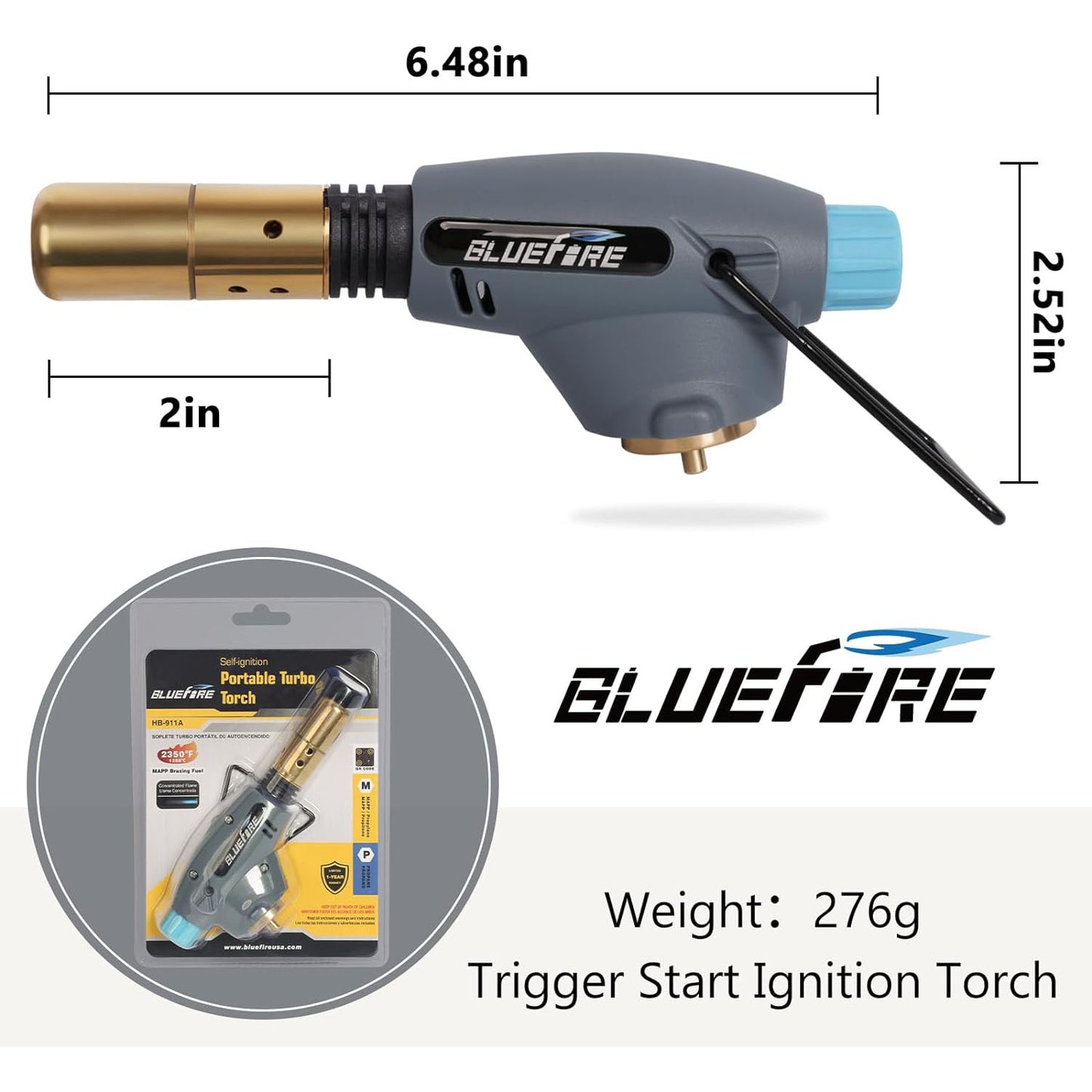 BLUEFIRE Handy Cyclone Torch Head Portable Brass Gas Torch Trigger Start Self-Ignition Nozzle Torch Fuel by MAPP MAP PRO Propane Gas Cylinder for Soldering Welding Plumbing Repair Lighting Glass DIY