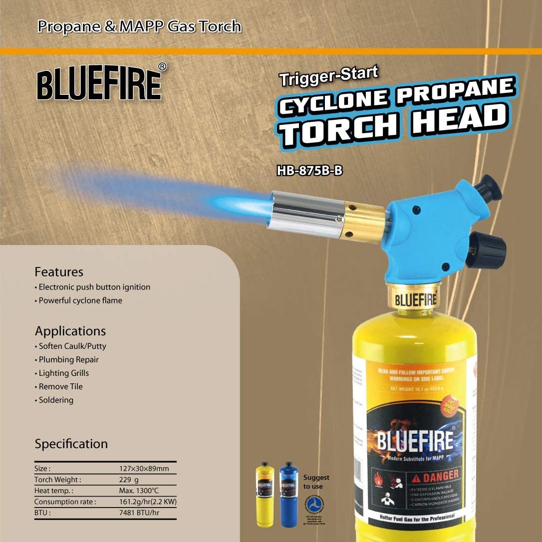 HB-875B Handy Cyclone Propane Torch Head Nozzle Trigger Start Push Button Piezo Ignition Turbo Swirl Flame
